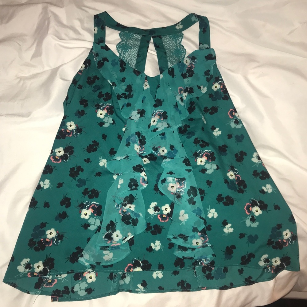 Teal Blouse with ruffle front and racer back
